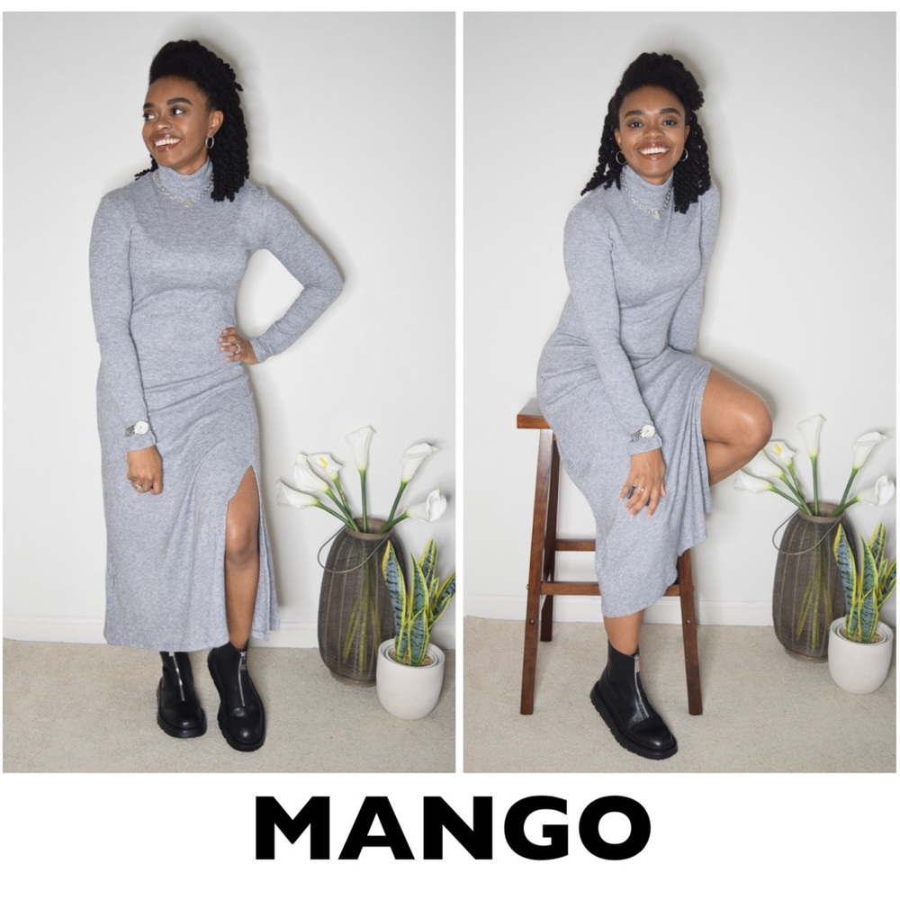 MANGO Gray Long Sleeve Knit Dress with Slit Size 6